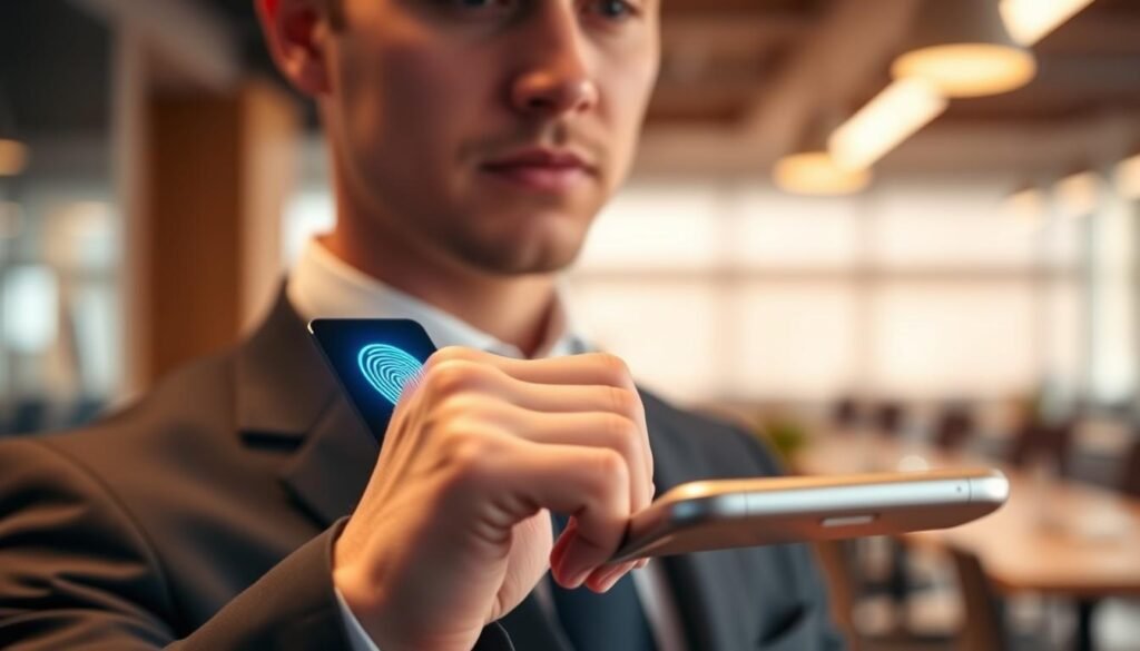 A close-up view of a modern biometric fingerprint scanner integrated into a sleek smartphone, set against a softly blurred background of a contemporary office environment. The scanner glows subtly with blue and green lights, indicating its active status. In the foreground, a professional business person, dressed in a smart, tailored suit, places their finger on the scanner with a focused expression, emphasizing the touch-based technology. Warm, diffused lighting highlights the device's smooth edges and metallic finish, creating a high-tech atmosphere. The depth of field subtly blurs the background, drawing attention to the delicate interaction between the person's finger and the scanner, symbolizing security and innovation.