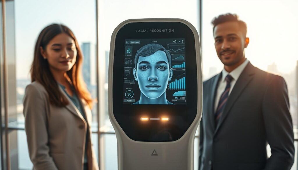 A close-up view of a modern facial recognition device in a sleek, futuristic environment. In the foreground, a diverse group of three professionals, dressed in smart business attire, interact with the device while standing in a well-lit office space. The middle layer showcases an ultra-modern screen displaying facial recognition data and analytics, illuminated softly to enhance its technological feel. In the background, large windows reveal a city skyline, with bright daylight streaming in to create a vibrant and optimistic atmosphere. The focus should be on the device and the interaction, capturing a sense of advanced technology and security. Use a slightly elevated angle for the shot to emphasize the sophistication of the scene, with no text or embellishments.