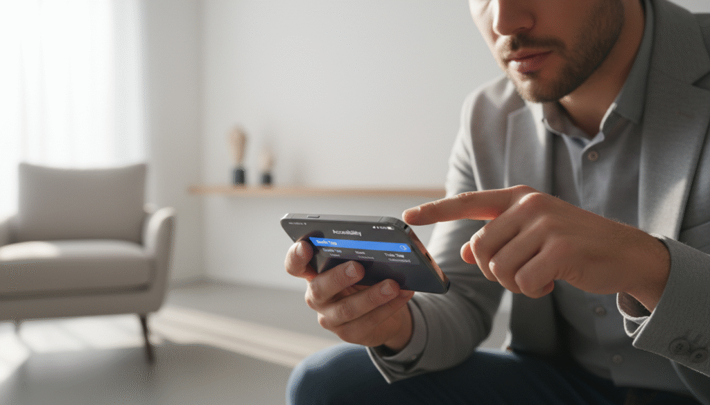 A close-up view of a modern iPhone in a person’s hand, showcasing the Back Tap feature being activated. The individual is dressed in smart casual attire, focusing intently on the screen, with a finger poised above the back of the phone, tapping it gently. The smartphone displays the Accessibility settings menu, highlighted in the foreground. Soft, natural light filters in from a nearby window, creating a warm and inviting atmosphere. In the background, a blurred home setting with minimalistic decor subtly suggests a tech-savvy environment. The image captures a moment of convenience and innovation, evoking a sense of ease and accessibility in technology.