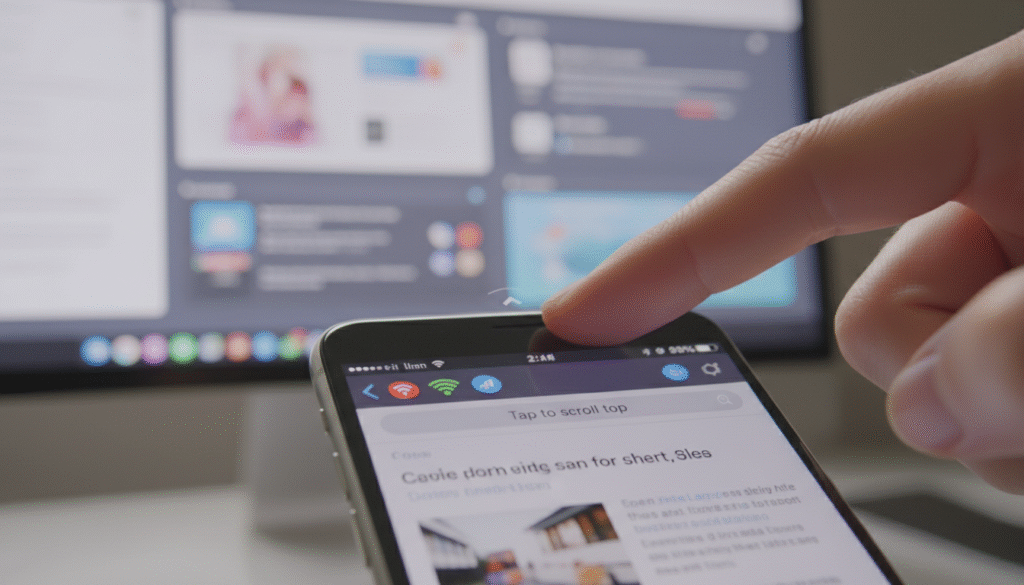 A close-up view of a modern iPhone's screen showcasing the status bar with vibrant icons, emphasizing the gesture of tapping to return to the top of a webpage. The foreground features a finger gently tapping the screen, illustrating the action. In the middle ground, a blurred background shows a well-organized digital workspace with various apps open, hinting at productivity and multitasking. Soft, natural lighting from the top gives a clean and polished look, enhancing the sleek design of the iPhone. The overall mood is focused and efficient, capturing the essence of seamless navigation and quick access within a modern digital environment.