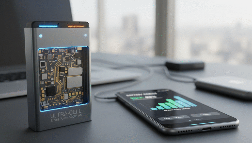 A close-up view of a modern smartphone battery, showcasing advanced technology and optimized circuit design. In the foreground, the battery should be prominently displayed with intricate details of its components visible, such as sleek metallic casing and glowing indicators. The middle ground can feature a blurred image of a smartphone screen displaying battery optimization settings. In the background, a soft-focused environment with hints of a workspace, illuminated by soft, natural light, conveys a sense of innovation and productivity. The overall mood should feel futuristic yet practical, emphasizing efficiency and longevity in everyday use. The angle is slightly above eye level, giving the viewer an engaging perspective of the battery and its significance in mobile technology.