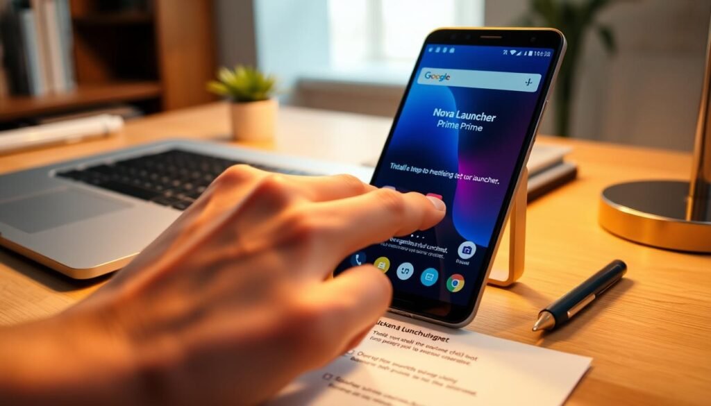 A close-up view of a sleek smartphone displaying the Nova Launcher Prime app interface, set against a soft-focused desk with a stylish laptop and warm ambient lighting. In the foreground, a hand is gently tapping the screen to navigate through the installation process, showcasing intuitive icons and vibrant colors in the app. The middle ground features a simple checklist beside the phone, indicating key steps to install and set up the launcher, all arranged in an organized manner. The background reveals a cozy workspace vibe, with a blurred bookshelf and gentle shadow play from a nearby lamp, contributing to an inviting atmosphere. The overall mood conveys a sense of ease and professionalism, ideal for instructing readers on app installation.