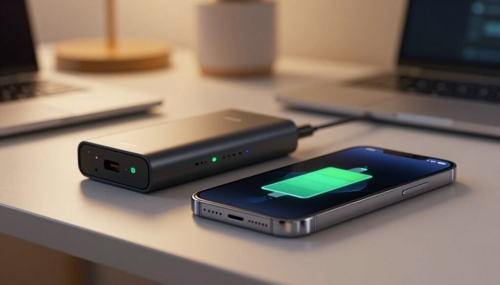 A close-up view of a smartphone battery and a charging smartphone on a sleek modern desk. In the foreground, a detailed smartphone with a visible battery icon on its screen, glowing with a vibrant green to indicate charging status. The middle layer features a stylish battery pack nearby, showcasing its capacity and charge indicator lights. The background should be softly blurred, revealing a cozy workspace environment with warm lighting, emphasizing a tech-savvy atmosphere. Use a shallow depth of field to focus on the devices while creating a warm and inviting mood. The image conveys a sense of reliability and speed in charging technology, suitable for a comparative analysis.