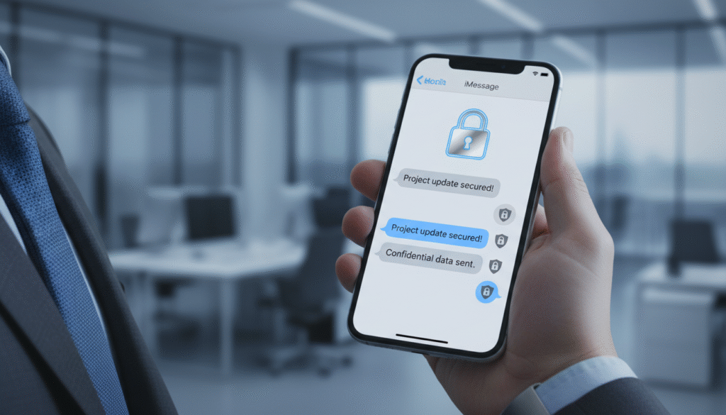 A close-up view of a smartphone displaying the iMessage app interface with a lock icon prominently featured to symbolize security. The foreground includes a hand in professional business attire holding the phone, emphasizing user interaction. In the middle ground, soft glowing light highlights the screen, showcasing text messages with visual representations of encryption, such as digital locks or a shield graphic. The background is a softly blurred office environment, suggesting professionalism and modern technology, with cool color tones to create a calming atmosphere. The overall mood is one of trust and safety, reflecting the high level of security provided by end-to-end encryption in iMessage.