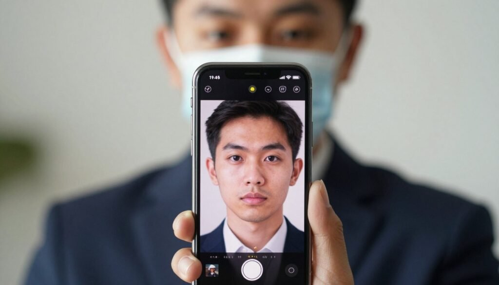 A close-up view of an iPhone displaying the Face ID feature in action while a person with a neutral expression wears a mask. The foreground showcases the iPhone clearly, centered, with a focus on the Face ID interface lighting up as it detects the masked face. The middle ground includes the person's head and shoulders, clad in professional attire, ensuring modesty, and positioned at a slight angle to enhance the interaction with the device. The background is softly blurred to keep attention on the iPhone and the person's face. Soft, natural lighting illuminates the scene, creating a calm and informative atmosphere, while a slight bokeh effect adds depth to the image without distractions. The overall mood is professional, reflecting a technological advancement in usability.