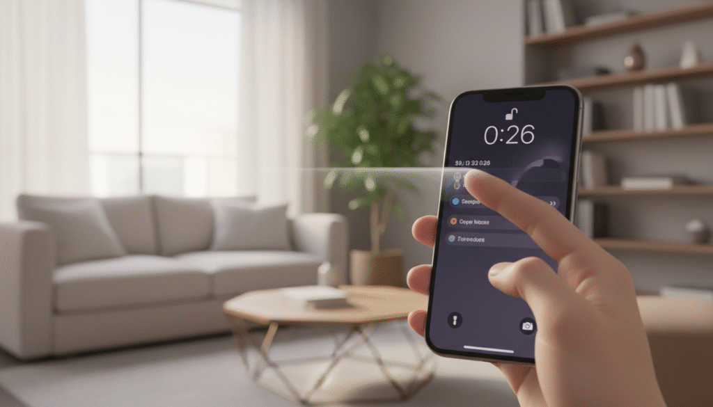 A close-up view of an iPhone displaying the lock screen, with a finger elegantly sliding to the left to access the camera feature. The background reveals a softly blurred, modern living room setting to convey a tech-savvy environment. The phone's sleek design is highlighted, showcasing its vibrant display against a warm, inviting light. The angle captures the action of the gesture clearly, emphasizing the motion and fluidity involved in accessing the camera quickly. Soft, natural lighting pours in from a nearby window, creating an inviting and productive atmosphere, ideal for illustrating the ease and efficiency of using this iOS feature.