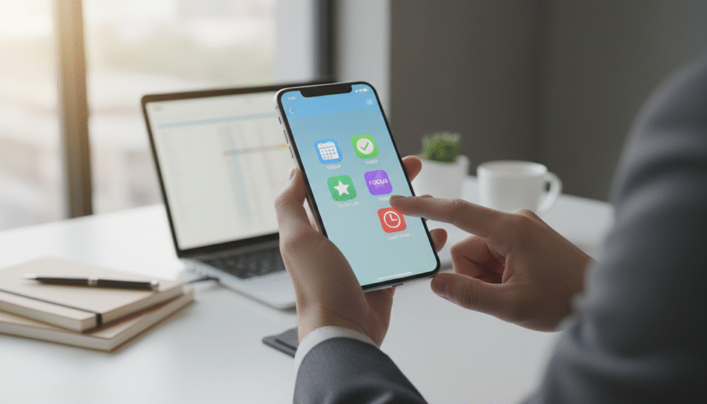 A close-up view of an iPhone in a modern office setting, showcasing the Back Tap feature in action. The foreground features a hand gently tapping the back of the iPhone, depicted in a professional business attire. In the middle ground, the iPhone’s screen displays vibrant icons representing shortcuts for productivity, like calendar events and task lists. The background features a well-lit workspace with a sleek desk, a laptop, and notepads, conveying a sense of organization and efficiency. Soft, natural lighting from a nearby window creates a warm atmosphere, highlighting the iPhone’s sleek design and emphasizing the theme of productivity and innovation in everyday tasks.