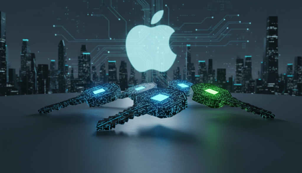 A close-up view of intricate public keys represented as glowing, digitally rendered geometric shapes on a sleek, high-tech surface. In the foreground, the keys have a radiant light source emanating from the center, highlighting their detailed engravings and unique patterns. The middle layer features a softly blurred Apple logo and circuit-like designs, symbolizing the connection to Apple's ecosystem. In the background, a dark, futuristic cityscape with soft blue and green luminescence represents the digital world of secure communication. The atmosphere is modern and tech-savvy, conveying a sense of security and innovation. Use dramatic low-angle lighting to enhance the depth and intrigue of the scene while keeping it visually cohesive and professional.