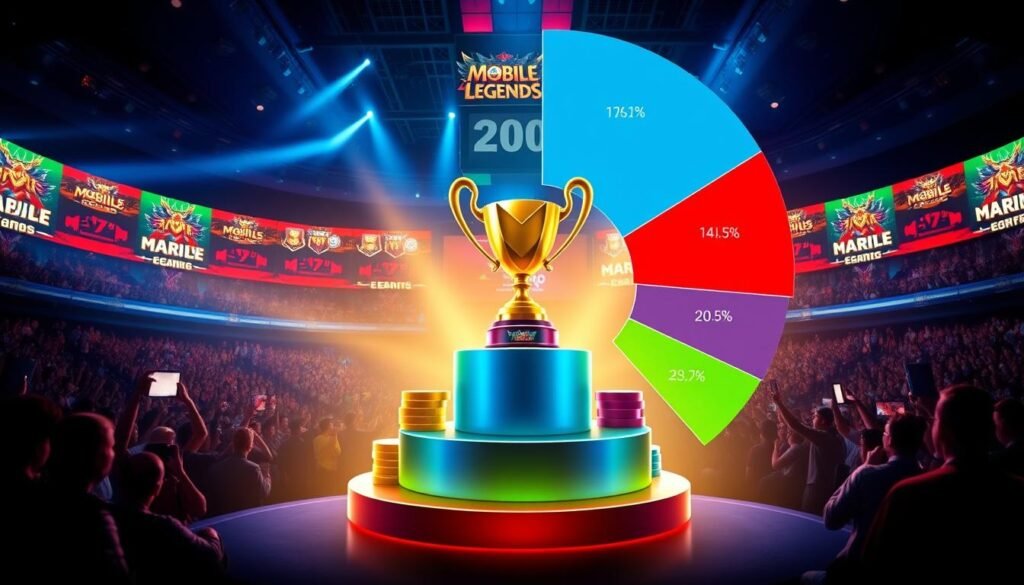 A comprehensive analysis of a Mobile Legends tournament prize pool, depicting a digital infographic. In the foreground, a pie chart split into segments representing various prize distributions, with vibrant colors like blue, red, and green. In the middle, a stylized trophy symbolizing victory sits atop a podium, surrounded by stacks of virtual currency and gaming items. The background features a dynamic arena scene, with cheering fans and colorful lights, creating an atmosphere of excitement. Use lighting that highlights the infographic with soft glows and sharp contrasts, simulating a high-tech, digital environment. The image should evoke a sense of competition and enthusiasm among esports fans, showcasing the significance of the prize pool in an engaging, visually appealing manner.