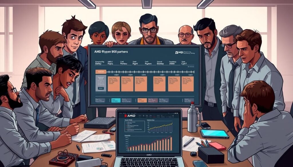 A conceptual illustration depicting the impact of the delayed launch of the AMD Ryzen 9000 Series processor on partners and the community. In the foreground, a group of diverse professionals in business attire discuss around a table cluttered with tech gadgets, charts, and a laptop showing graphs of market trends. The middle ground features a large digital screen displaying a timeline of product launches, surrounded by concerned faces representing various stakeholders. In the background, a modern office environment with soft lighting and large windows, conveying a sense of urgency and collaboration. The mood is tense yet hopeful, indicating the anticipation for future developments. The scene is captured in a slightly elevated angle, emphasizing the interactions and the technology around them.