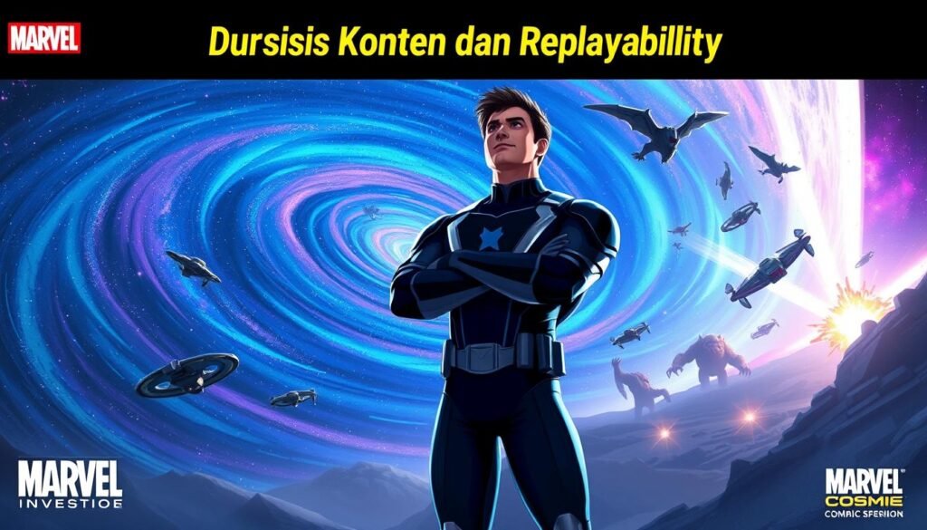 A cosmic-themed illustration depicting the essence of "Durasi Konten dan Replayability" from Marvel's Cosmic Invasion. In the foreground, a heroic figure dressed in a modern interpretation of a Marvel superhero costume stands confidently, arms crossed, gazing into the infinite universe. The middle ground features a swirling galaxy with vibrant colors—deep blues, purples, and shimmering stars, suggesting vastness and mystery. In the background, a cosmic battle scene unfolds with spaceships and fantastical creatures, emphasizing adventure and replayability. The lighting is dynamic, highlighting the superhero's determined expression while creating a sense of depth and excitement. The atmosphere is engaging and heroic, inviting viewers into the Marvel universe of endless possibilities.
