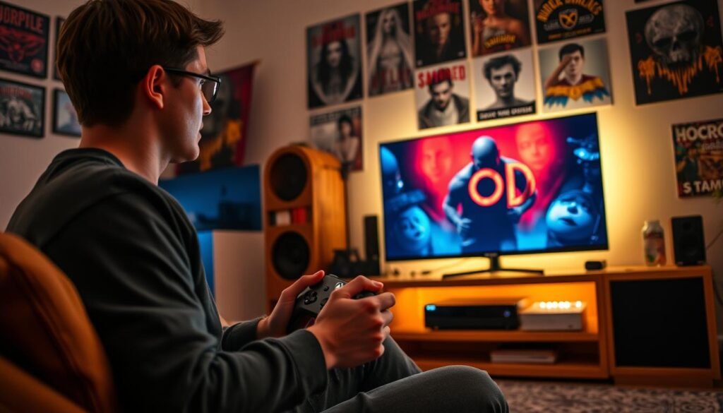 A cozy home gaming setup featuring an Xbox Series console with the game "OD" prominently displayed on the screen. In the foreground, a gamer in casual yet stylish clothing, lost in the game, is holding an Xbox controller, showing intense engagement. The middle ground includes a well-organized gaming area with LED lights casting a soft glow, accentuating the console and game titles. In the background, a wall adorned with horror-themed posters and collectibles, creating an immersive atmosphere. The lighting is warm and inviting, with a cinematic vibe, and the angle is slightly tilted to capture both the gamer’s expressions and the engaging visuals on the screen, evoking excitement and anticipation for gaming adventures.