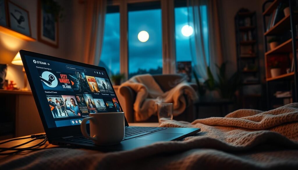 A cozy room set up for a midnight Steam sale. In the foreground, a sleek gaming laptop sits open, showcasing the Steam interface with vibrant game thumbnails. A steaming cup of coffee rests beside the laptop, emitting thin wisps of steam. The middle ground features a comfortable chair adorned with a soft blanket, inviting viewers to relax. Through a window in the background, the moonlight casts a gentle glow, illuminating the room with a serene ambiance. Shelves line the walls, filled with gaming memorabilia and a few potted plants. The overall mood is warm and inviting, suggesting excitement and preparation for the night's gaming adventure, highlighted by soft, ambient lighting. The angle captures the entire setup from a slightly elevated perspective, creating an engaging and dynamic composition.