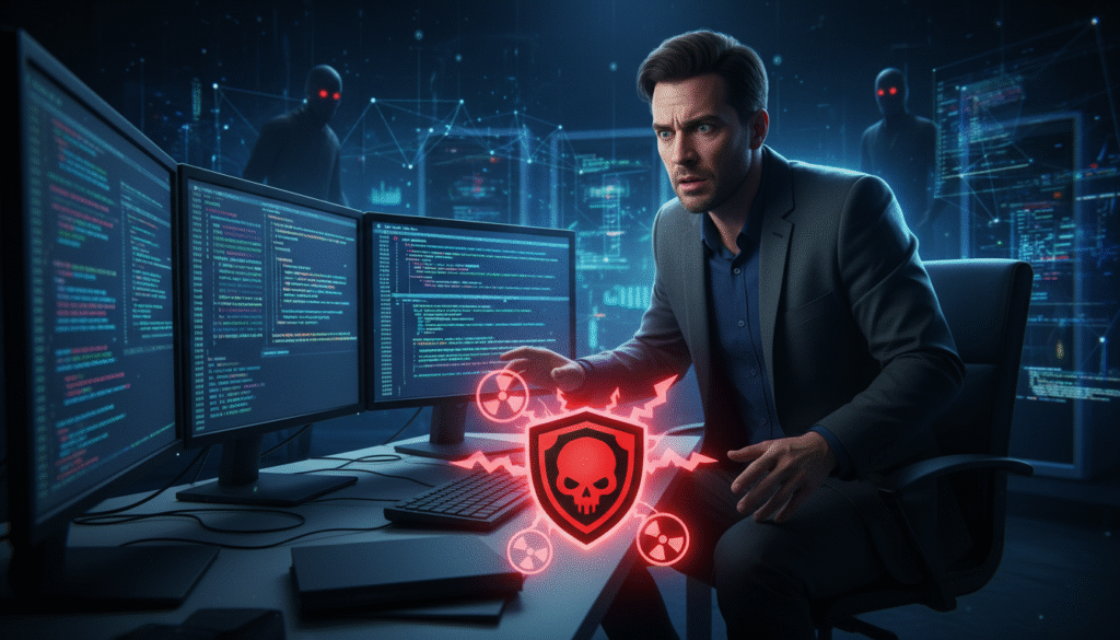 A dark, ominous workspace filled with glowing computer screens displaying code. In the foreground, a close-up of a suspicious VS Code extension icon with red warning symbols around it, hinting at danger. The middle layer shows a computer programmer in professional attire, looking concerned while examining the code, emphasizing the risks of malicious extensions. The background features a stylized digital landscape with abstract representations of cybersecurity threats, like shadowy figures hovering over the screens. Dramatic lighting highlights the tension in the scene, casting long shadows and creating a sense of urgency and caution. The overall mood conveys a high-stakes environment, warning viewers of the hidden dangers within seemingly harmless tools.