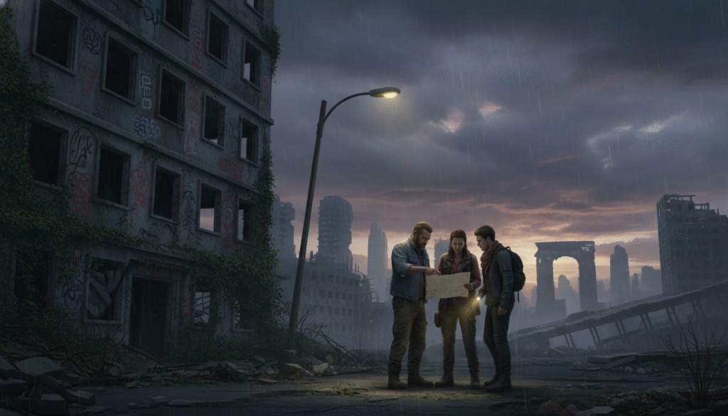 A desolate urban environment, representing a world post-apocalypse, with remnants of civilization overgrown by nature. In the foreground, a dilapidated building, its windows shattered and walls covered in graffiti, hints at the struggles of survival. A group of diverse characters in modest casual clothing—two men and one woman—are positioned in the middle ground, examining a map under the flickering light of a nearby streetlamp, their expressions a mix of determination and concern. The background features a darkening sky, with swirling clouds and hints of rain, creating a moody atmosphere. A faint echo of distant ruins adds to the despair, while soft lighting emphasizes the complexity of their journey. The overall tone is somber yet hopeful, mirroring the themes of resilience amidst adversity.