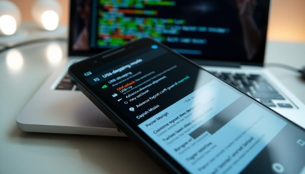 A detailed Android device displaying various debugging menus in developer mode, set against a sleek, modern workspace. In the foreground, the smartphone screen shows colorful, intricate menus with technical options like 'USB debugging', 'OEM unlocking', and 'Advanced Reboot' clearly visible. The background features a blurred out laptop with coding symbols reflected on the screen, enhancing the tech ambiance. Soft, focused lighting illuminates the device, creating a high-tech atmosphere. Capture the scene at a slight angle to emphasize the screen's details, while maintaining a professional look, ensuring no human subjects are present. Overall, the image should convey a sense of exploration and innovation in Android debugging features.