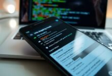 A detailed Android device displaying various debugging menus in developer mode, set against a sleek, modern workspace. In the foreground, the smartphone screen shows colorful, intricate menus with technical options like 'USB debugging', 'OEM unlocking', and 'Advanced Reboot' clearly visible. The background features a blurred out laptop with coding symbols reflected on the screen, enhancing the tech ambiance. Soft, focused lighting illuminates the device, creating a high-tech atmosphere. Capture the scene at a slight angle to emphasize the screen's details, while maintaining a professional look, ensuring no human subjects are present. Overall, the image should convey a sense of exploration and innovation in Android debugging features.