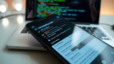 A detailed Android device displaying various debugging menus in developer mode, set against a sleek, modern workspace. In the foreground, the smartphone screen shows colorful, intricate menus with technical options like 'USB debugging', 'OEM unlocking', and 'Advanced Reboot' clearly visible. The background features a blurred out laptop with coding symbols reflected on the screen, enhancing the tech ambiance. Soft, focused lighting illuminates the device, creating a high-tech atmosphere. Capture the scene at a slight angle to emphasize the screen's details, while maintaining a professional look, ensuring no human subjects are present. Overall, the image should convey a sense of exploration and innovation in Android debugging features.