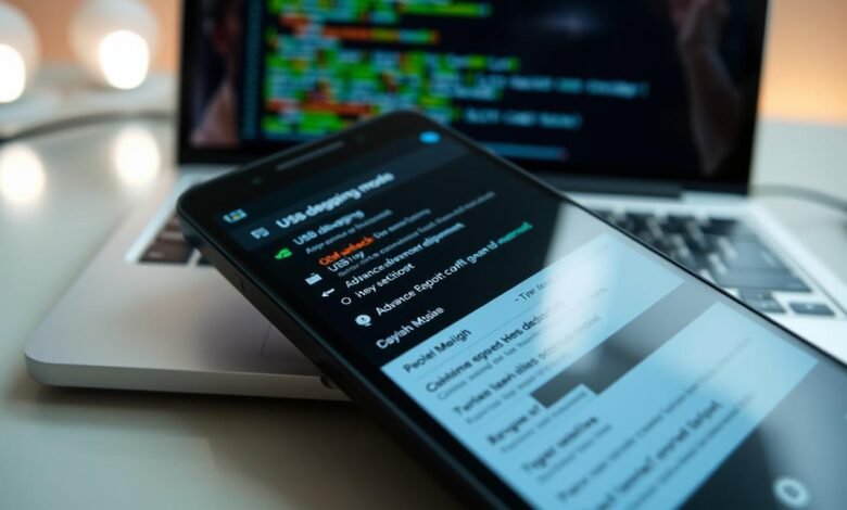 A detailed Android device displaying various debugging menus in developer mode, set against a sleek, modern workspace. In the foreground, the smartphone screen shows colorful, intricate menus with technical options like 'USB debugging', 'OEM unlocking', and 'Advanced Reboot' clearly visible. The background features a blurred out laptop with coding symbols reflected on the screen, enhancing the tech ambiance. Soft, focused lighting illuminates the device, creating a high-tech atmosphere. Capture the scene at a slight angle to emphasize the screen's details, while maintaining a professional look, ensuring no human subjects are present. Overall, the image should convey a sense of exploration and innovation in Android debugging features.