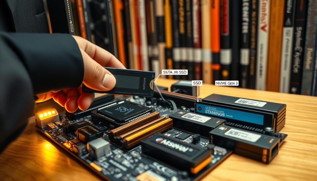 A detailed close-up view of a computer workstation showcasing a motherboard, with a focus on its SSD slots, including both SATA III and NVMe Gen 3 connections. The motherboard is illuminated by soft, warm lighting that highlights its intricate circuitry. In the foreground, a hand in a professional business attire positions an SSD for installation, demonstrating compatibility considerations. In the middle ground, various SSD models, labeled for clarity, are displayed artistically around the motherboard, conveying a thoughtful comparison. The background features a blurred bookshelf filled with technology books, enhancing the scholarly atmosphere. The angle is slightly tilted to create a dynamic perspective, inviting the viewer into the scene, while maintaining a clean and organized layout.