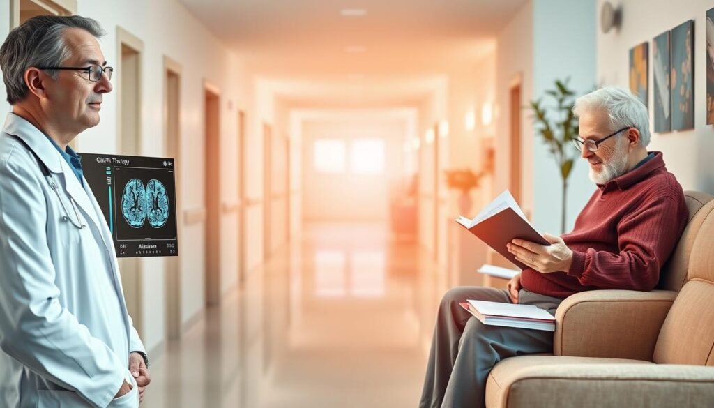 A detailed comparison between modern GLP-1 therapy and traditional Alzheimer’s treatments, depicted through a split-screen approach. In the foreground, on the left, features a confident healthcare professional in a white lab coat, standing beside a digital display of brain scans illustrating improved cognitive function with GLP-1 therapy. On the right, an older adult in a cozy living room setting appears engaged in traditional therapy, surrounded by textbooks and notes. The middle ground transitions softly with a gradient, symbolizing the innovation of GLP-1 therapy over conventional methods. In the background, a serene, bright hospital hallway suggests a supportive environment. Soft, warm lighting casts an inviting glow, emphasizing hope and progress in Alzheimer’s treatment, while maintaining a clear and professional atmosphere.