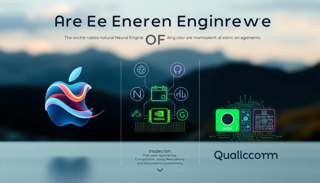 A detailed comparison of neural engine technology among competitors displayed in a sleek, modern infographic style. In the foreground, a stylized representation of Apple's Neural Engine with flowing animations and vibrant colors, symbolizing efficiency and integration. The middle ground features side-by-side icons or abstract representations of competitor technologies, like NVIDIA and Qualcomm, highlighted with distinct colors for contrast. The background is a tech-inspired landscape, featuring circuit patterns and digital interfaces, subtly conveying a high-tech atmosphere. Soft, ambient lighting enhances the professional feel, while a slight focus blur on the background emphasizes the comparison. The overall mood is innovative and competitive, reflecting the advancements in neural engine technology. A detailed comparison of neural engine technology among competitors displayed in a sleek, modern infographic style. In the foreground, a stylized representation of Apple's Neural Engine with flowing animations and vibrant colors, symbolizing efficiency and integration. The middle ground features side-by-side icons or abstract representations of competitor technologies, like NVIDIA and Qualcomm, highlighted with distinct colors for contrast. The background is a tech-inspired landscape, featuring circuit patterns and digital interfaces, subtly conveying a high-tech atmosphere. Soft, ambient lighting enhances the professional feel, while a slight focus blur on the background emphasizes the comparison. The overall mood is innovative and competitive, reflecting the advancements in neural engine technology.