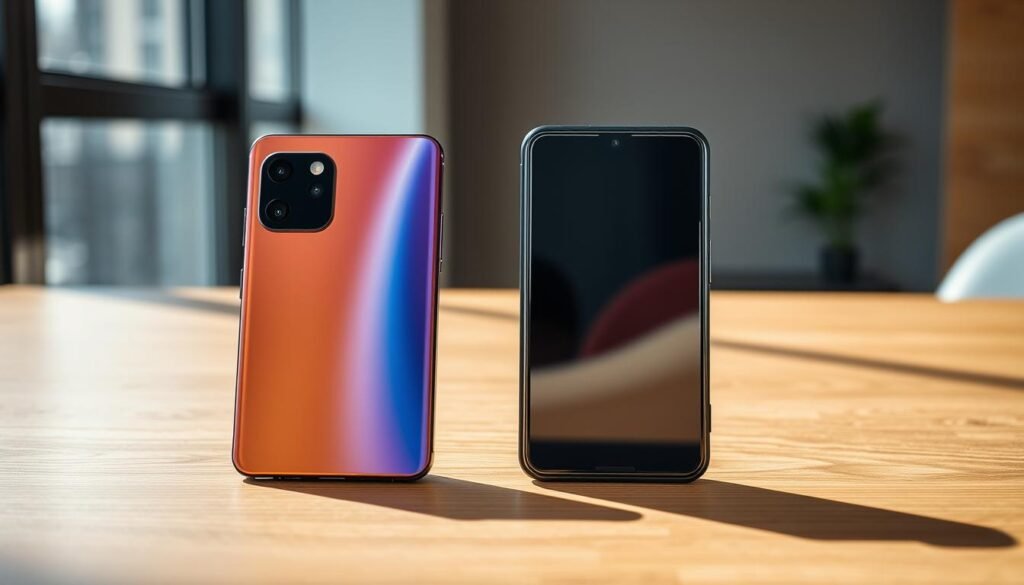 A detailed comparison of two smartphones positioned side by side on a sleek wooden table. The left smartphone has a unique design, showcasing an innovative camera setup and distinctive color gradient, while the right smartphone mirrors it closely, reflecting typical OPPO design elements with a similarly shaped body and color scheme. Soft natural lighting from a nearby window highlights the reflective surfaces of the devices, creating gentle shadows. The background features a blurred minimalist office space, enhancing focus on the phones. Capture this scene from a slightly elevated angle, emphasizing the similarities and differences between the two models. The mood is analytical and tech-savvy, inviting viewers to contemplate the design evolution in smartphone hardware.