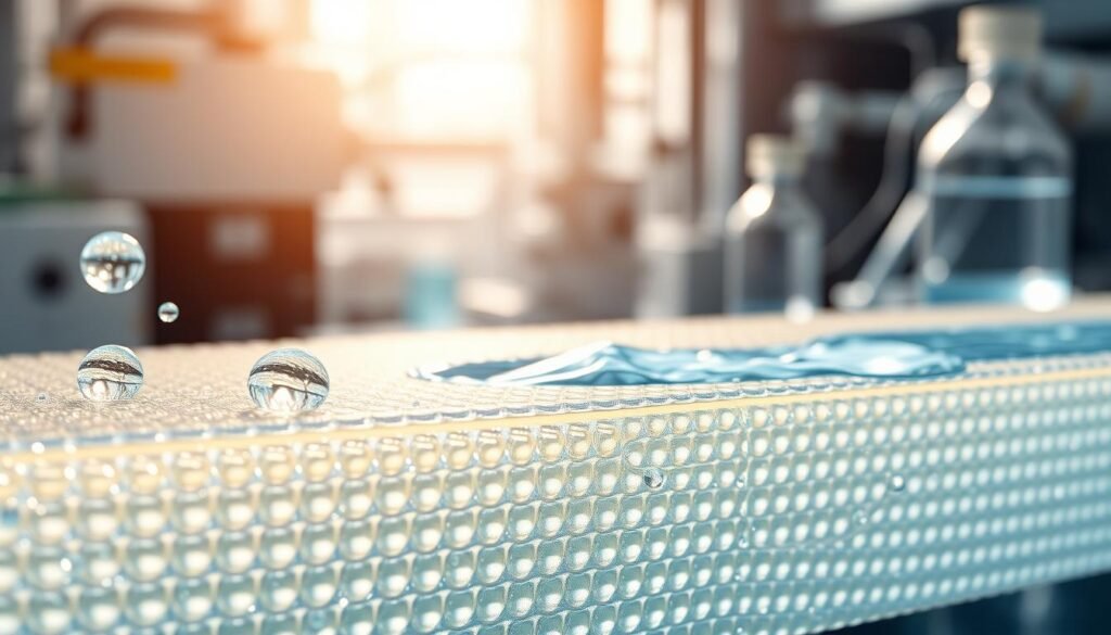 A detailed illustration of a semipermeable membrane used in osmotic technology, with a close-up view showcasing the fine structure of the membrane's pores. In the foreground, droplets of saline water are seen on one side, highlighting the osmotic pressure. The middle section features a vibrant depiction of pure water moving through the membrane, symbolizing the purification process. The background includes a blurred industrial setting, emphasizing a high-tech environment, with laboratory equipment and instruments suggesting innovation. Soft, natural lighting illuminates the scene, casting subtle shadows that enhance depth. The overall mood is scientific and optimistic, capturing the essence of renewable energy and technology in a visually striking manner.