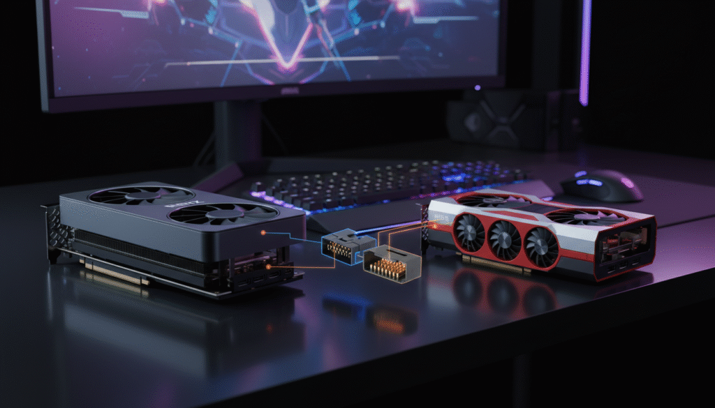 A detailed illustration showcasing the physical dimensions of two high-end graphics cards: the Nvidia RTX 4090 and the AMD RX 7900 XTX. In the foreground, prominently display both GPU models side by side on a sleek, reflective black gaming desk. The RTX 4090, larger and more complex in design, should be on the left, while the RX 7900 XTX, with its signature red and silver accents, sits on the right. In the middle, highlight the various types of connectors (power and display outputs) visible on both cards, emphasizing their build quality. The background should feature a dimly lit high-tech gaming setup, with RGB lighting casting vibrant colors onto the GPUs. The atmosphere should feel modern and tech-savvy, inviting the viewer to appreciate the intricacies of these powerful components. Use a slightly elevated angle to capture the dimensions clearly. A detailed illustration showcasing the physical dimensions of two high-end graphics cards: the Nvidia RTX 4090 and the AMD RX 7900 XTX. In the foreground, prominently display both GPU models side by side on a sleek, reflective black gaming desk. The RTX 4090, larger and more complex in design, should be on the left, while the RX 7900 XTX, with its signature red and silver accents, sits on the right. In the middle, highlight the various types of connectors (power and display outputs) visible on both cards, emphasizing their build quality. The background should feature a dimly lit high-tech gaming setup, with RGB lighting casting vibrant colors onto the GPUs. The atmosphere should feel modern and tech-savvy, inviting the viewer to appreciate the intricacies of these powerful components. Use a slightly elevated angle to capture the dimensions clearly.