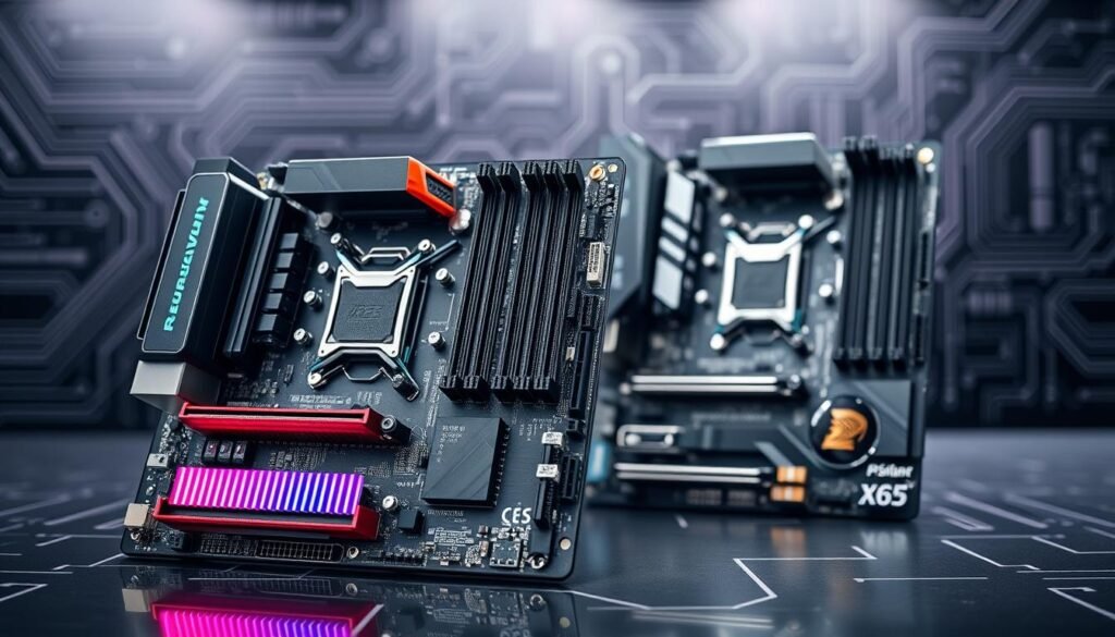 A detailed technical comparison image depicting the VRM specifications of two motherboards: B650M and X670. In the foreground, a sleek, modern motherboard B650M with vibrant heat sinks and efficient voltage regulators prominently displayed. Next to it, the X670 motherboard with a contrasting design featuring larger capacitors, placed slightly behind. The background features a subtle, blurred layout of a high-tech computer workstation, with lines and circuits hinting at advanced technology. Soft, focused lighting highlights the intricate components of both motherboards, creating a high-tech atmosphere. The angle of the shot should be slightly elevated, showcasing the depth and layers of the motherboards while maintaining a clean, professional aesthetic, with an emphasis on clarity and detail.