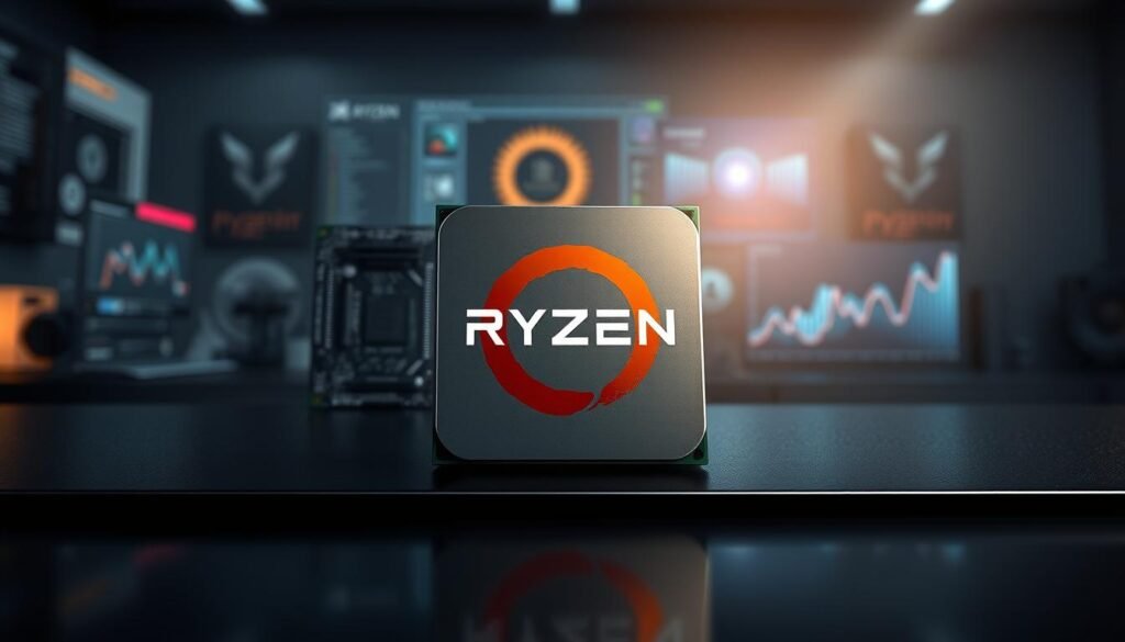 A detailed technical illustration of the AMD Ryzen 5 8600G processor, showcased on a sleek black surface with a soft-focus background of a modern tech workspace. In the foreground, highlight the processor itself with intricate details of its architecture, including visible pins and thermal design. Use dramatic lighting to cast subtle shadows, emphasizing its contours and metallic finish. Incorporate elements like a circuit board and performance graphs in the middle ground, suggesting high performance in gaming context. The atmosphere should feel innovative and futuristic, suggesting cutting-edge technology. Avoid any text elements or watermarks, ensuring the image focuses solely on the processor and its technical specifications.