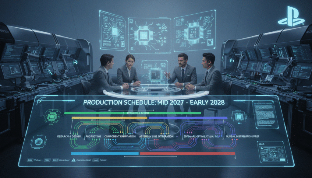 A detailed visualization of a futuristic production schedule for the PlayStation 6, set in a high-tech laboratory. In the foreground, a large digital display showcases an interactive timeline labeled "Production Schedule: Mid 2027 - Early 2028," with distinct phases of development highlighted in vibrant colors. The middle ground features engineers in professional business attire, engaged in discussions around advanced hardware components like AMD Zen 5 and RDNA 4 architecture, surrounded by holographic blueprints. The background reveals sleek machinery and monitors, emitting a soft blue glow, creating a dynamic atmosphere. Soft, ambient lighting enhances the futuristic vibe, while a wide-angle perspective captures the collaborative environment, emphasizing innovation and preparation for the console's launch.