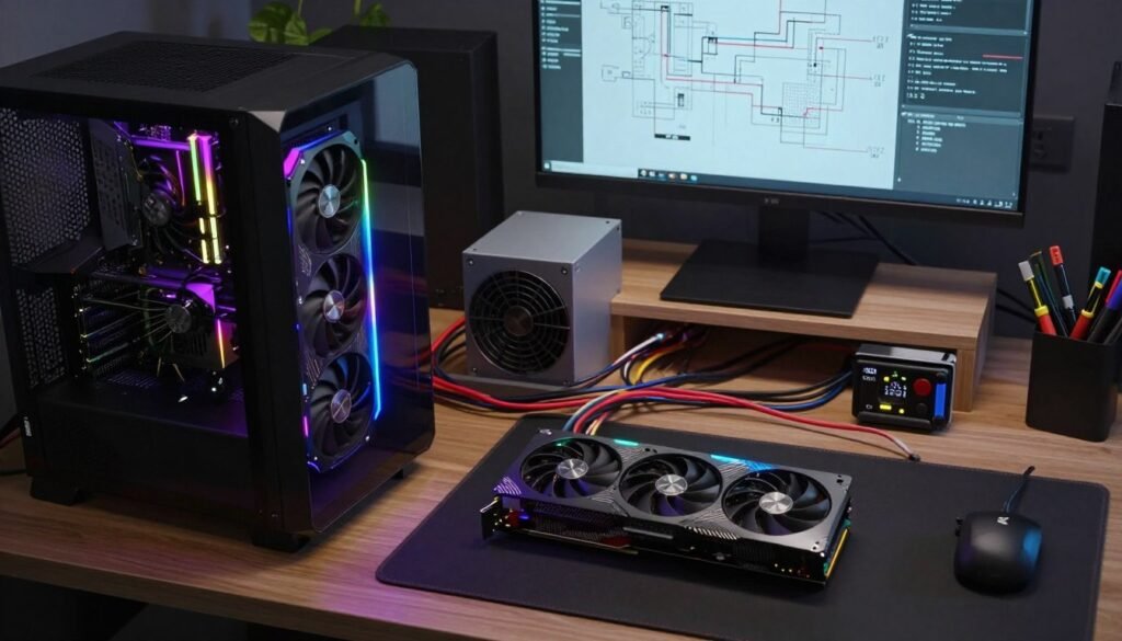A detailed workspace setup for preparing a power supply system specifically designed for a high-performance RTX 5090 graphics card. In the foreground, a sleek, modern computer tower with transparent panels showcases colorful LED lighting surrounding the powerful GPU. The middle section features a workstation cluttered with high-quality cables, an advanced power supply unit, and various tools. In the background, a dimly lit room with technical diagrams and charts displayed on a wall, hinting at a technical environment. Soft, focused lighting accentuates the components to highlight their complexity, creating a serious, industrious atmosphere. Capture this scene using a slight overhead angle to give a comprehensive view of the setup and its components, evoking a sense of precision in preparation for the demanding RTX 5090.
