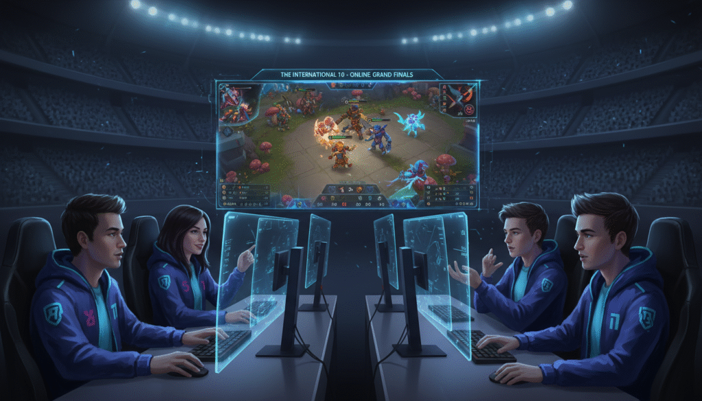 A digital art scene depicting a virtual streaming experience of a major esports event, inspired by TI10. In the foreground, a diverse group of gamers in professional attire, attentively watching the online streaming of a Dota 2 match on their sleek laptops and large screens. The middle ground features a vivid display of on-screen action, showing iconic heroes battling in a brightly colored arena, with graphical overlays of stats and jittery animations. In the background, a blurred image of a large empty venue, echoing the impact of COVID-19, with dim lighting and empty seats, highlighting the absence of a live audience. The atmosphere is a mix of excitement and nostalgia, capturing the essence of remote gaming and the influence of the pandemic on esports. The lighting is dramatic, with glowing screens illuminating the players' focused faces, emphasizing the intense engagement of online streaming culture.