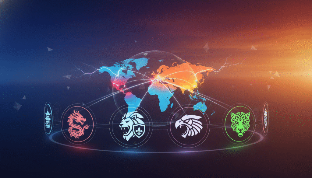 A digital illustration depicting a "team strength map" for an esports tournament. In the foreground, stylized icons representing different teams, each embodied by unique symbols reflecting their regions and strengths, arranged in a circular formation. The middle ground showcases a colorful, dynamic map of the world, with highlighted regions indicating team dominance, illustrated with light beams emanating from key areas. In the background, a gradient sky transitions from a deep blue to a vibrant sunset, symbolizing competition and excitement. Use dramatic lighting to emphasize the icons and regions, creating a sense of urgency and prominence. The atmosphere should be electric and vibrant, embodying the spirit of esports, with no text or branding elements.