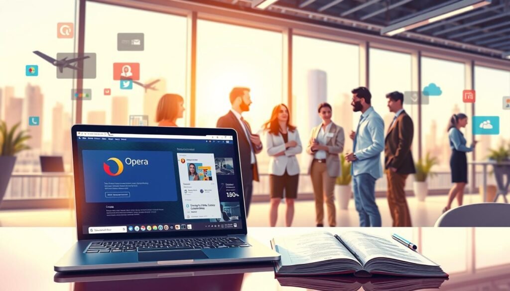 A digital illustration showcasing a vibrant collage of popular software applications used in various industries, set in a modern office environment. In the foreground, a sleek laptop displaying the Opera browser interface with its new "AI Prompts" feature activated, glowing softly. Beside it, an open notebook filled with notes on software usage. In the middle ground, a diverse group of professionals, dressed in business attire, engaged in discussions about the software's features. The background features a large window with a bright, sunlit cityscape, enhancing the sense of innovation and productivity. The lighting is warm and inviting, giving a sense of collaboration and creativity. The overall atmosphere is dynamic and professional, reflecting the integration of technology in daily tasks.