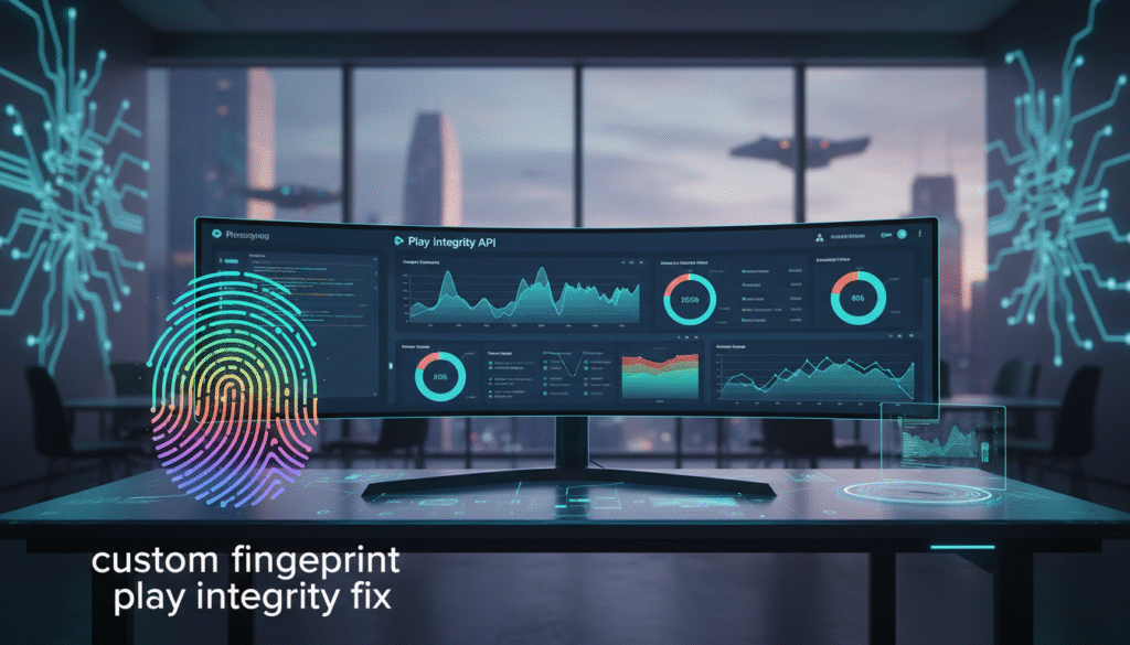A digital workspace featuring a high-tech computer setup, showcasing a detailed interface of the Play Integrity API. In the foreground, highlight a customizable fingerprint icon symbolizing "custom fingerprint play integrity fix," rendered in vibrant colors. In the middle, display a sleek software dashboard with various graphs and statistics related to app security and integrity checks, glowing softly under ambient blue and green lighting. In the background, a blurred view of a modern office environment with abstract tech-themed artworks on the walls, creating a futuristic atmosphere. The lighting should be bright yet soft, giving an innovative and professional feel, reflecting the theme of advanced technology in app security.