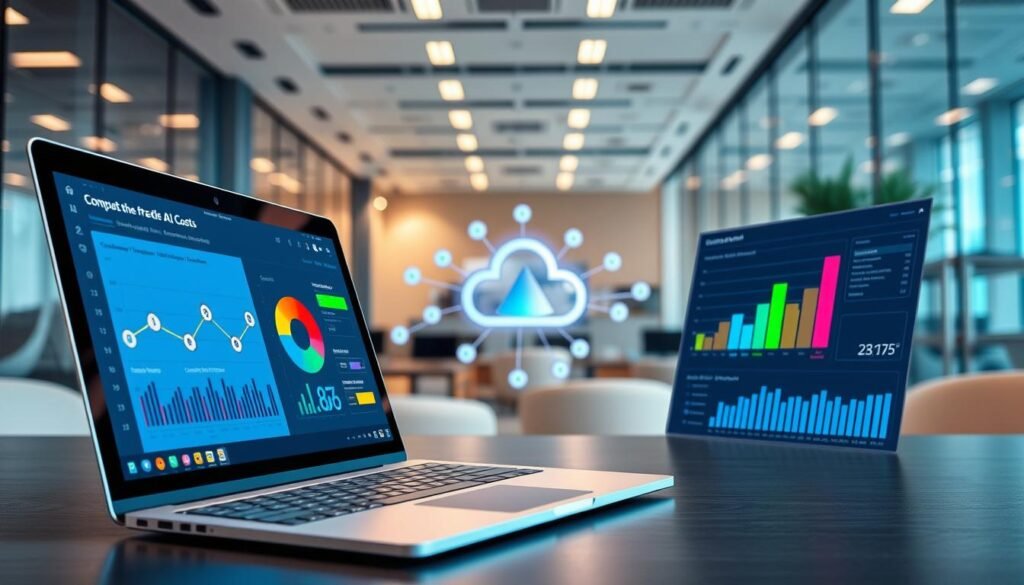 A digital workspace illustrating a breakdown of cloud costs for AI image generation. In the foreground, a sleek laptop displays colorful graphs and charts related to compute usage, GPU costs, and resource allocation, emphasizing analytics. In the middle, an abstract visualization of a cloud network with connected nodes representing data flow and processing power. The background features a modern office environment with glass walls and soft ambient lighting, suggesting a high-tech, professional atmosphere. Use a wide-angle perspective to capture depth, with bright, vivid colors for the graphs and a clean, light aesthetic. The overall mood should feel cutting-edge and innovative, inviting curiosity about cloud infrastructure costs.