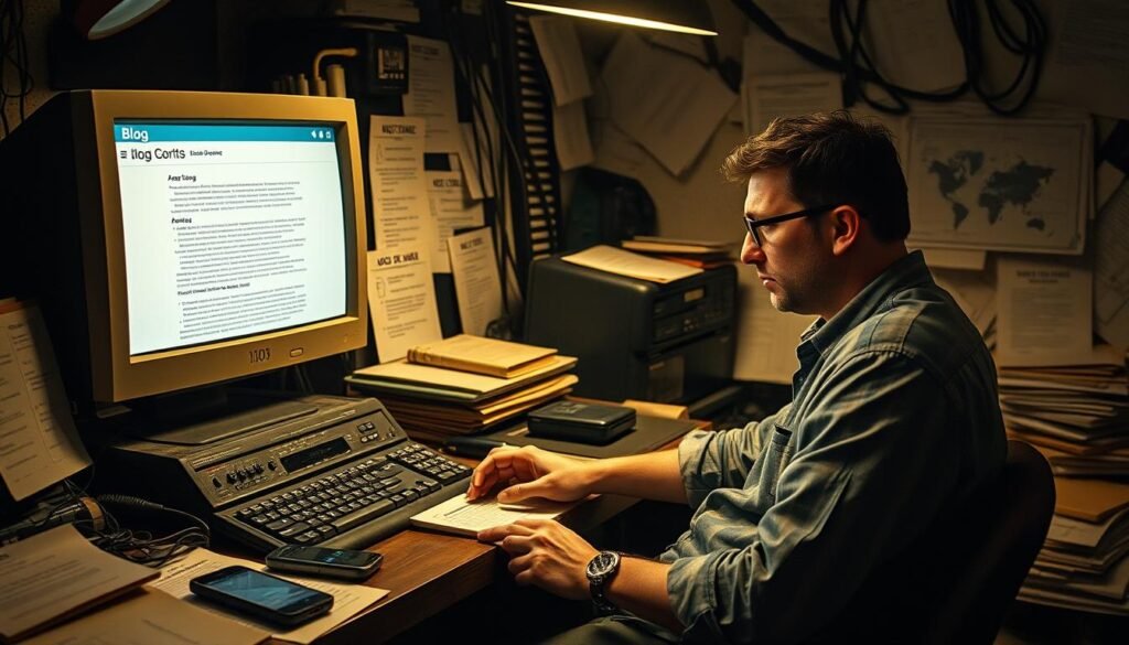 A dimly lit, cluttered workspace featuring early Android development tools from 2009, with a retro computer displaying a basic, rigid user interface resembling a blog. In the foreground, a focused software engineer, wearing casual professional attire, sits at a desk surrounded by code printouts, wires, and a few physical Android devices. The engineer is deep in thought, scrutinizing the screen with a frustrated but determined expression, symbolizing the challenges faced. In the middle ground, scattered books on mobile development and design principles reflect the learning curve of the era. The background is filled with scattered papers and old tech paraphernalia, enhancing the atmosphere of innovation amidst adversity. The lighting casts a warm glow over the scene, creating a nostalgic yet tense mood that captures the essence of early Android development challenges.
