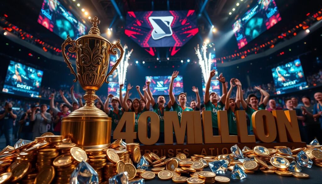 A dramatic and captivating scene showcasing the extraordinary prize pool of The International Dota 2 tournament, with over 40 million dollars displayed prominently. In the foreground, an ornate trophy sits atop a polished podium, surrounded by shimmering gold coins and exquisite gems that reflect soft, ambient lighting. In the middle ground, visual representations of ecstatic fans and players celebrate, dressed in colorful team jerseys and showcasing expressions of joy and excitement. The background features a grand arena, illuminated with vibrant lights and dynamic screens displaying iconic moments from the tournament, creating a festive atmosphere. The overall mood is triumphant and electric, capturing the essence of eSports competition and community spirit, with a cinematic angle that draws the viewer into the scene.