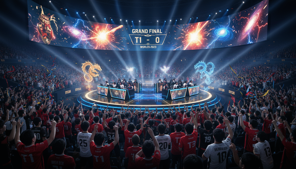 A dramatic esports arena during the Grand Final of Worlds 2023, vividly showcasing the intense match between T1 and Weibo Gaming. In the foreground, a large crowd of passionate fans, dressed in team colors, erupting with excitement, their faces filled with anticipation and emotion. In the middle, a high-tech gaming stage illuminated by dynamic LED lights, with players on each side focused and strategizing, wearing professional gaming jerseys. The background features a monumental digital scoreboard reflecting the match score of 3-0, with visual effects that suggest high tension. The atmosphere is electric, filled with energy, anticipation, and the spirit of competition, captured with dramatic lighting and a wide-angle lens to emphasize the scale of the event.