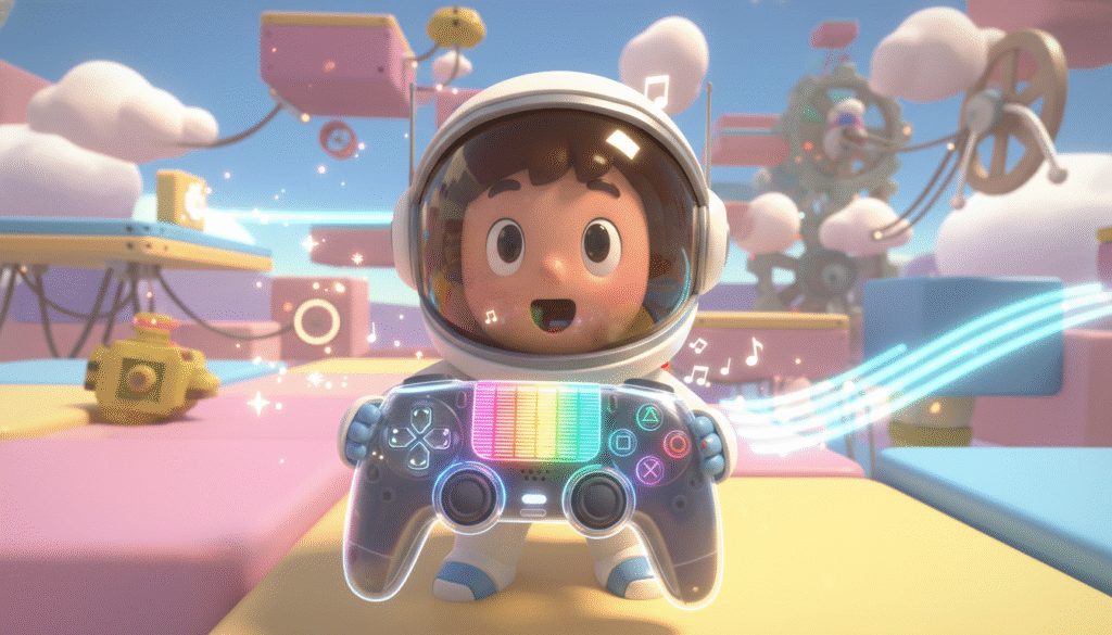 A dynamic and vibrant scene from a gaming environment inspired by "Astro's Playroom," showcasing an interactive calibration test for haptic feedback. In the foreground, a futuristic controller pulsates with colorful, glowing lights, symbolizing the 255 levels of vibration. The middle ground features a playful, cartoonish character resembling an astronaut, engaging with the controller and displaying expressions of excitement and discovery. The background includes a whimsical landscape with bright colors, iconic elements from the game like floating platforms and vibrant textures that highlight the immersive feel of the gaming world. The lighting is soft and cheerful, casting a warm glow, while the camera angle is slightly tilted upward to create a sense of movement and exploration. The overall atmosphere is playful and engaging, capturing the essence of a sensory gaming experience.