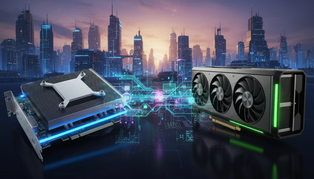 A dynamic and visually engaging depiction of the evolution of NVIDIA GPUs, showcasing a side-by-side comparison of iconic models from the GeForce series to the cutting-edge RTX 40 Series. In the foreground, a detailed GeForce 256 card juxtaposed with a sleek RTX 40 card, both illuminated with vibrant blue and green LED lights. In the middle ground, illustrate a stylized representation of CUDA functionality, featuring graphical elements like parallel computing processes and neural networks, with flowing lines and connections around the GPUs. The background should feature a digital cityscape, symbolizing technological advancements, with a dusk sky casting a warm glow. The mood is innovative and futuristic, conveying a sense of progression and excitement in GPU technology.