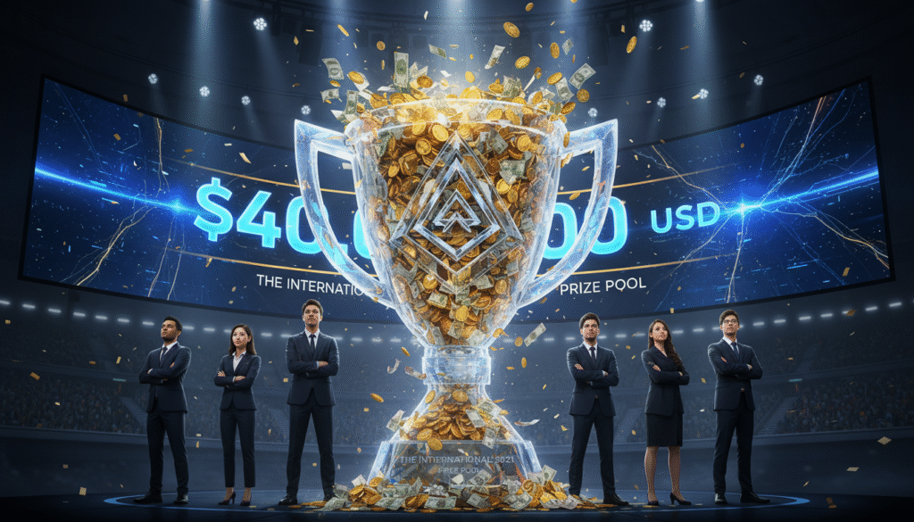 A dynamic and visually striking representation of the prize pool for the International Dota 2 Championship 2021, featuring a large, transparent trophy overflowing with shimmering coins and currency notes. In the foreground, the trophy glistens under dramatic, focused lighting, emphasizing its grandeur. In the middle ground, a diverse group of professional gamers in business attire stands proudly, gazing at the trophy with expressions of ambition and excitement. The background showcases a large digital display board showing the total prize pool of $40 million, infused with vibrant colors and illuminated graphics, creating an electric atmosphere. The scene captures the essence of competition and celebration in the world of esports, evoking a sense of awe and aspiration among viewers.