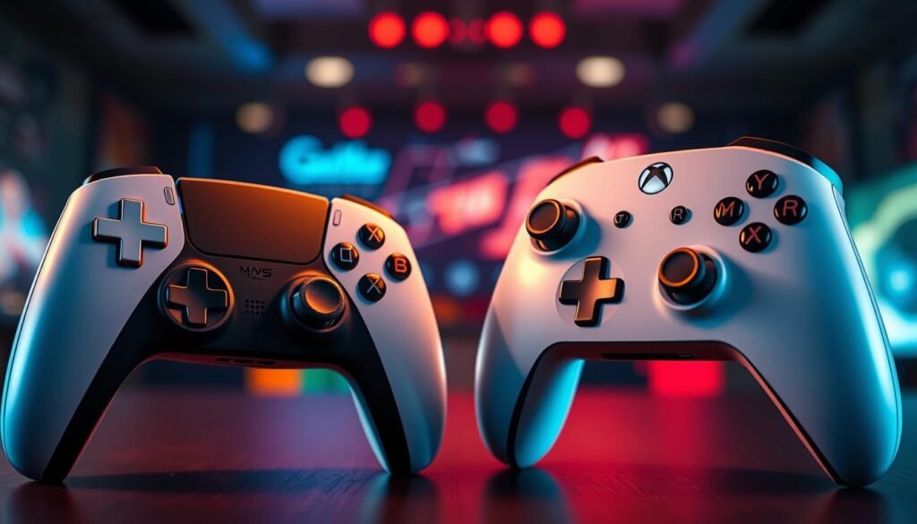 A dynamic comparison image of the PS5 DualSense and Xbox Series X controllers, featured prominently in the foreground. The PS5 controller showcases its sleek, futuristic design, while the Xbox controller displays its iconic ergonomic shape. In the middle ground, a blurred gaming environment with vibrant colors, highlighting the immersive gaming experience of each console. Soft ambient lighting casts a warm glow over the controllers, emphasizing their textures and features, with a focus on details like buttons and grip surface. The background includes subtle gaming graphics, hinting at the innovation of the DualSense alongside the robust performance of the Xbox Series X, creating a competitive atmosphere. The image conveys excitement and a sense of rivalry within the world of gaming technology.