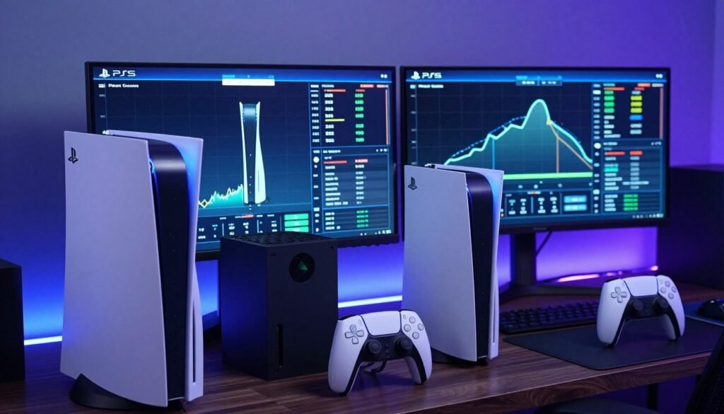 A dynamic comparison scene showcasing the performance of frame generation technology between PS5 and other gaming consoles. In the foreground, an advanced gaming setup with a PS5 prominently displayed alongside a few other consoles like Xbox Series X, all connected to a high-definition monitor. The middle ground features graphical performance indicators, such as frame rate numbers and visual benchmarks, presented in an engaging way. The background should have a modern gaming room vibe, with ambient lighting that includes blue and purple hues for a techy atmosphere. The overall mood is professional yet energetic, emphasizing the excitement of gaming technology advancements. The angle should be slightly above eye level to capture the setup and charts effectively, with soft lighting to enhance the visual clarity.