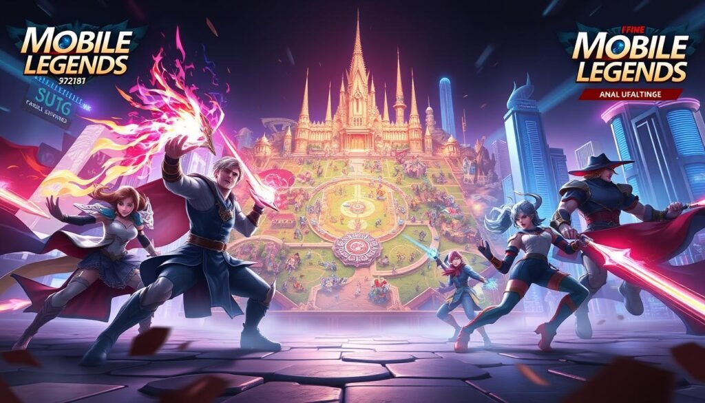 A dynamic digital art piece illustrating the evolution of Mobile Legends from a lightweight game to a mobile powerhouse. In the foreground, depict iconic characters from the game in an intense battle stance, showcasing their skills with vibrant spells and abilities. The middle ground should feature a stylized version of a game map, highlighting distinct areas that have been updated over time, filled with intricate details. The background should present a futuristic city skyline representing mobile gaming advancements, with bright neon lights and soft glowing effects. Utilize dramatic lighting to create a high-energy atmosphere, with a slight low-angle perspective to emphasize the power and scale of the characters and environment, evoking a sense of excitement and innovation.