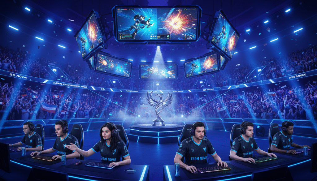 A dynamic esports arena filled with colorful LED lights and large screens displaying intense gameplay moments from a global championship. In the foreground, a diverse group of professional gamers, focused and determined, wearing matching team jerseys and headsets, strategizing amidst a high-pressure environment. The middle ground showcases cheering fans, holding banners and flags, vibrant with energy and enthusiasm. The background features a large stage with spotlights and a trophy symbolizing victory. The lighting is dramatic, with a mix of blue and purple hues cast across the scene, creating an electrifying atmosphere. The overall mood is one of intense competition and inspiration, capturing the essence of resilience and teamwork in the world of esports.