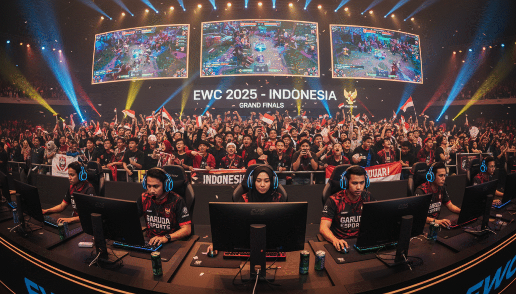 A dynamic esports arena in Indonesia during the EWC 2025 event, filled with vibrant energy and excitement. In the foreground, a diverse team of professional gamers is focused on their screens, dressed in professional esports jerseys and headsets. The middle features a cheering crowd, holding flags and banners, radiating support and enthusiasm. In the background, large displays show live action, with colorful lighting illuminating the scene, creating an electrifying atmosphere. The camera angle captures the intensity from a slightly elevated perspective, emphasizing the scale of the event. Warm ambient lighting enhances the overall feel, evoking inspiration and determination, celebrating Indonesia's rise in the global esports scene.