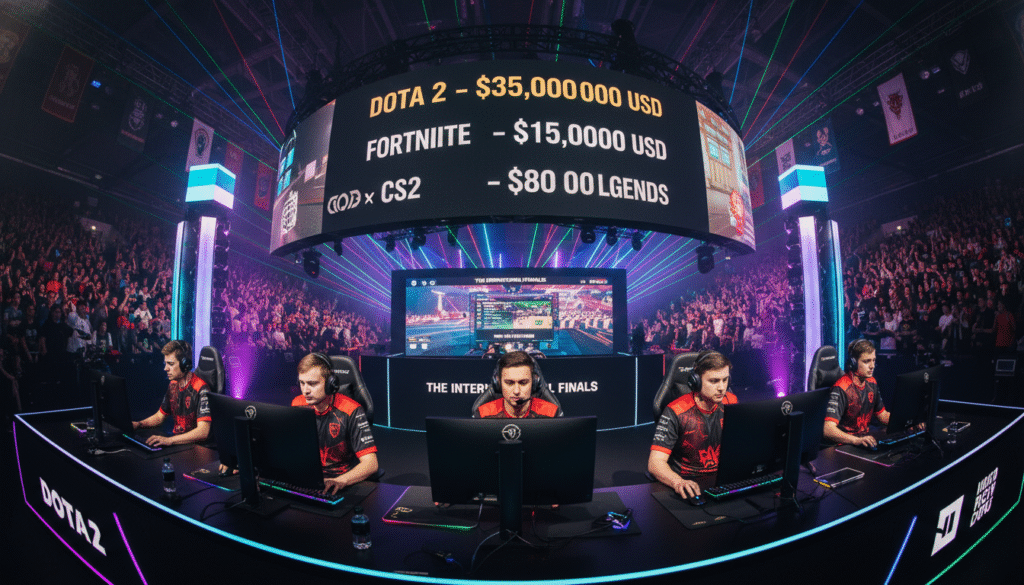 A dynamic esports scene showcasing a vibrant tournament atmosphere, emphasizing the total prize pool of Dota 2. In the foreground, a group of five competitive players in professional esports jerseys, engaged in an intense game, their focused expressions illuminated by the glow of their monitors. The middle ground features a large digital screen displaying impressive prize amounts, prominently featuring Dota 2's winning total against Fortnite, CS2, and League of Legends. In the background, an enthusiastic crowd of spectators with varied reactions, some cheering, others intensely focused, while colorful lights and banners create an electric ambiance. The scene is captured with a wide-angle lens, highlighting the scale of the event, with dramatic side lighting to enhance the mood of competition and excitement.